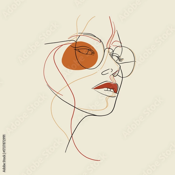 Fototapeta Elegant line art portrait of a woman with glasses in minimalist style. Perfect for fashion, lifestyle and modern editorial design