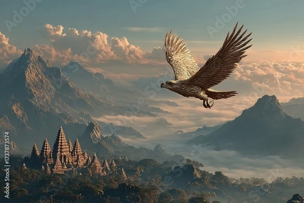 Obraz Majestic golden eagle soars above ancient temple in breathtaking mountain landscape with dreamy clouds, perfect for travel and adventure inspiration