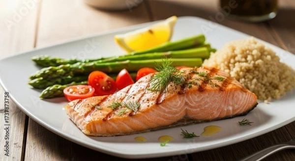 Fototapeta Grilled salmon fillet served on a white plate, accompanied by fresh green asparagus, bright red cherry tomatoes, fluffy grains of quinoa, and a lemon wedge, showcasing a healthy and balanced meal 