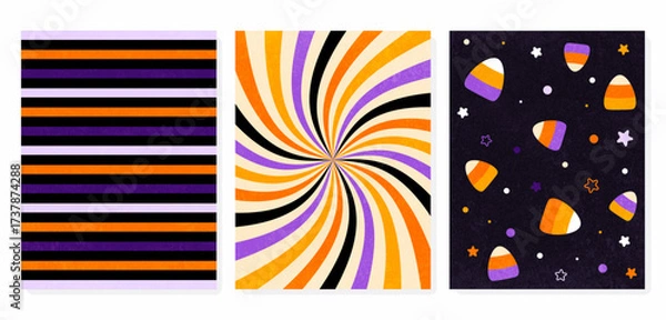 Fototapeta Halloween Backgrounds Set, Grunge Texture, Abstract Backrounds Collection for Halloween, Candy, Stars, Lines, Hallowen Colors Cards, Vector