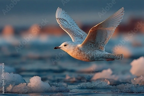 Obraz Elegant seagull soars gracefully over icy waters at sunset, creating a serene and captivating coastal scene for travel and nature inspiration