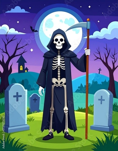 Fototapeta Skeleton grim reaper in graveyard at night