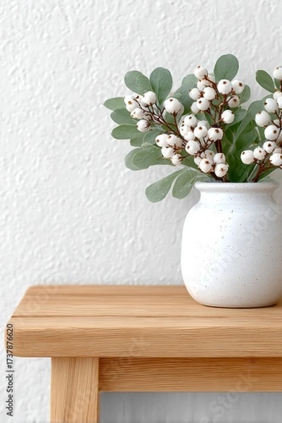 Fototapeta Minimal white vase with green leaves and white berries on wooden table, nordic interior decor background for mockup, poster or banner