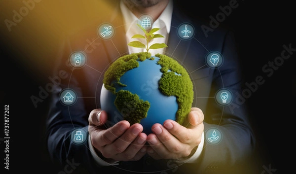 Obraz Global Sustainability Through Integrated Green Solutions, Hand holds moss globe with icons of eco-friendly innovations