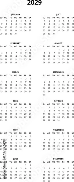 Obraz 2029 Calendar template. Calendar 2029 - 12 months yearly calendar in year 2029 - planner calendar. Vector illustration for print, web, mobile app on transparent background