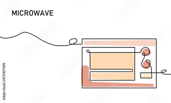 Fototapeta A stylized diagram-style illustration of a microwave inside a kitchen box, featuring a long cord, control panel, shelves, and warm peach tones to convey a modern, home cooking vibe.