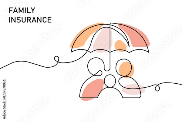 Obraz A minimal line drawing shows a family beneath a shared umbrella, symbolizing protection, care, and financial security. Warm color accents convey safety, unity, and support through insurance.