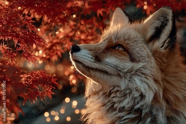 Obraz Majestic fox gazes thoughtfully amidst vibrant autumn foliage bathed in warm golden light creating a magical, serene forest scene