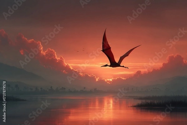 Obraz Majestic pterodactyl soars over tranquil lake at breathtaking sunset, evoking ancient wonder and serene beauty for your next project.
