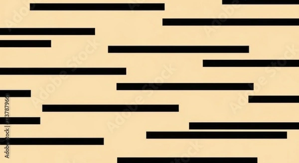 Fototapeta Geometric abstract composition features black horizontal rectangles of varying lengths scattered across a warm, beige background, creating a visually engaging and minimalist pattern.