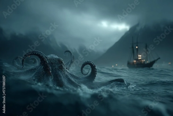 Obraz Giant kraken emerges from stormy ocean depths, menacing a distant sailing ship under dark, dramatic skies