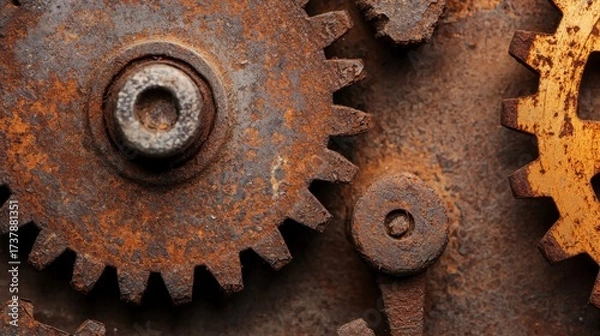Obraz Close-up View of Rusty Gears on a Weathered Surface Reflecting Industrial Wear and Age