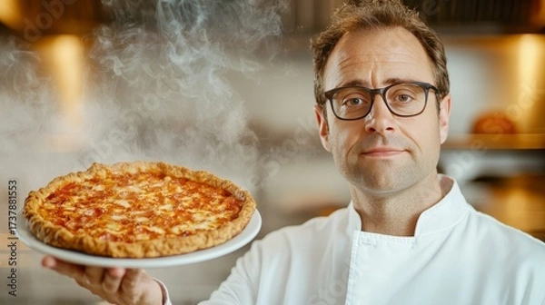 Obraz Chef Presenting Freshly Baked Pizza with Steam in a Restaurant Kitchen Setting