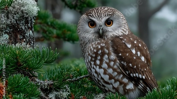 Obraz Intense gaze of a boreal owl perched on a pine branch amidst misty forest ambiance, capturing wild nature's serene beauty.