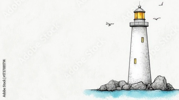 Obraz Hand-drawn Lighthouse Illustration with Seagulls and Rocky Shoreline in Artistic Style