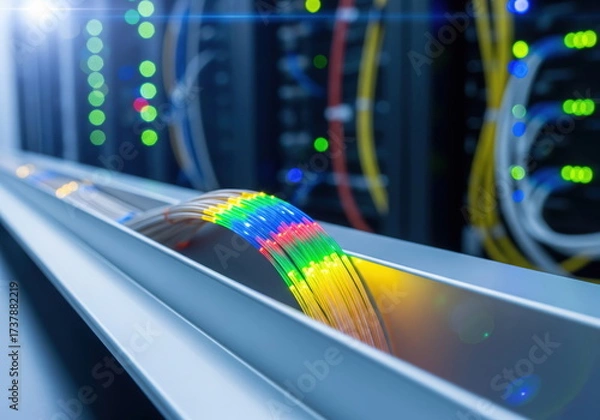 Fototapeta Illuminating Data Highways: A close-up reveals an intricate arrangement of colorful optic fiber cables, embodying the modern essence of high-speed information transfer and connectivity.