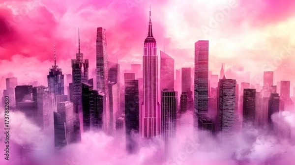 Obraz Dreamy Pink Skyline with Skyscrapers Against a Glittering Pink Sunset in Urban Setting