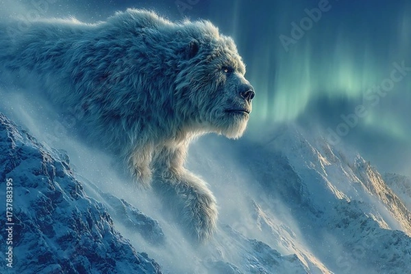 Obraz Majestic white yeti emerges from snowy mountain mist under ethereal aurora borealis glow, a symbol of untamed wilderness and mystery