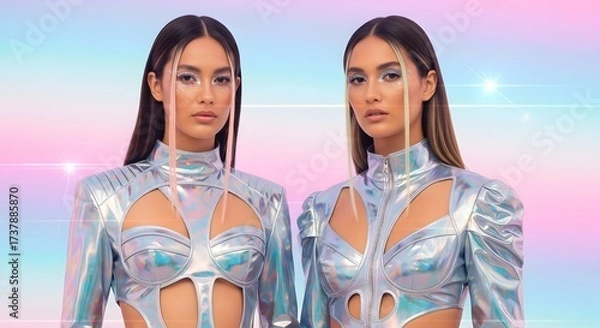 Fototapeta Two models in futuristic fashion pose against a pastel background with soft light and sparkles