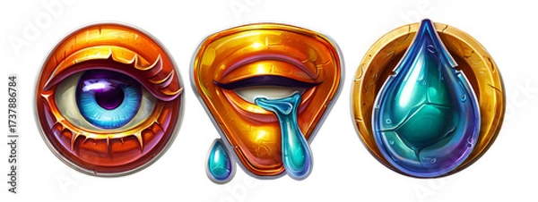 Fototapeta Glossy 3D Illustration of Eye, Mouth, and Water Drop Icons on Transparent Background