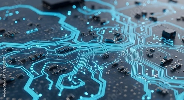 Fototapeta Close-up view of a blue glowing circuit board showcasing intricate electronic pathways and components