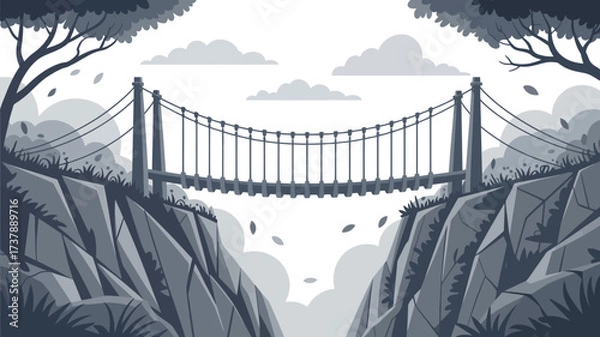 Obraz Illustration of a suspension bridge connecting two cliffs with trees and clouds in the background