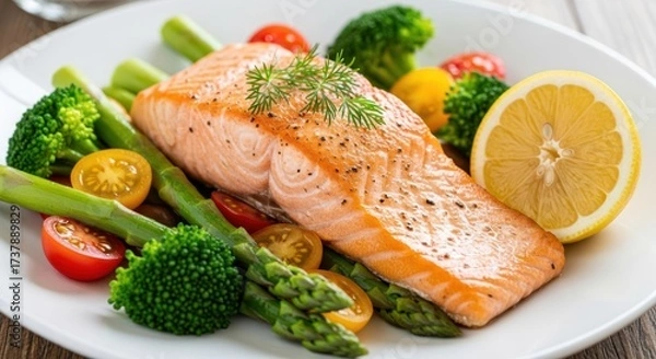 Fototapeta A beautifully presented plate showcases a delicious salmon fillet, meticulously cooked and seasoned.