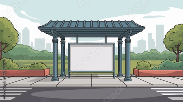 Obraz A cartoon illustration of a bus stop with a blank billboard in a park with city buildings behind