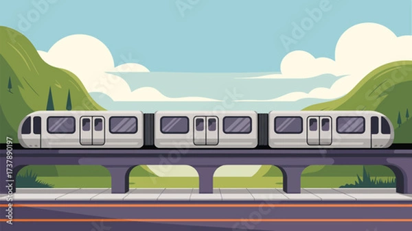 Obraz A cartoon illustration of a train on a bridge with mountains and sky in the background during daytime