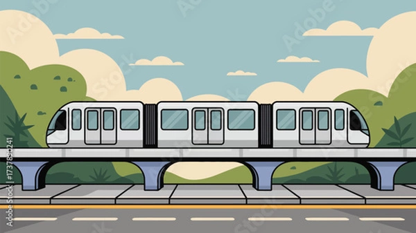 Obraz A cartoon illustration of a train on an elevated track with a scenic background design element