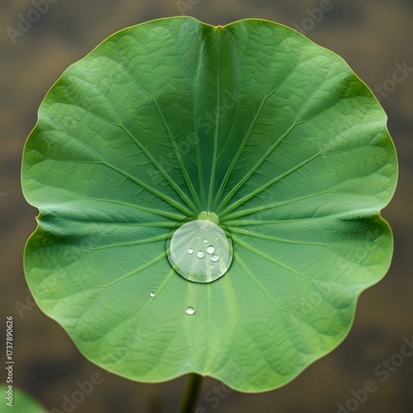 Fototapeta Close-up of a vibrant green lotus leaf with water droplets glistening on its surface, set against a serene pond background