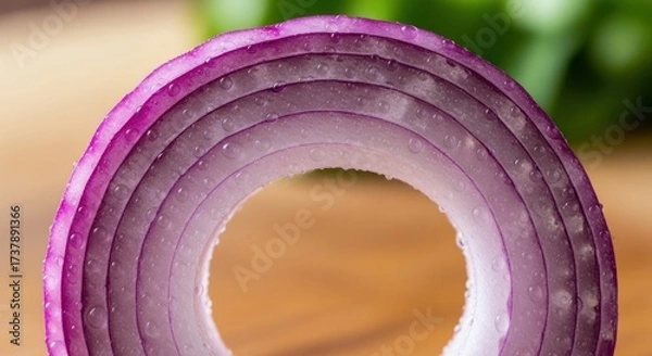 Fototapeta A macro photograph presents a detailed view of a red onion slice, showcasing concentric layers and water droplets, with the central opening perfectly framed.