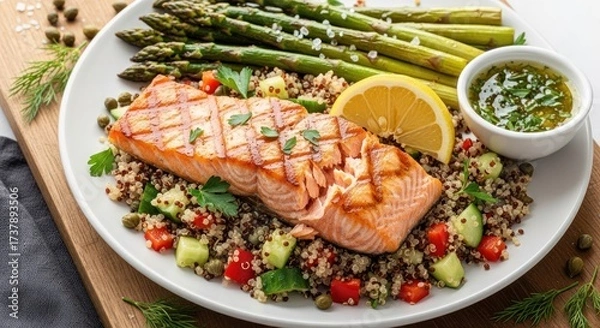 Fototapeta Delicious grilled salmon fillet served with quinoa, vibrant fresh vegetables including asparagus, and a lemon wedge; a healthy, appetizing meal arrangement on a white plate.