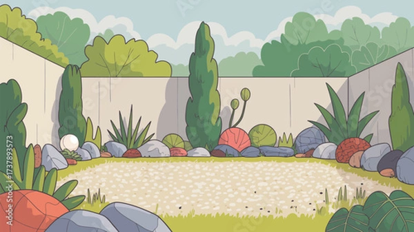 Obraz A cartoon backyard scene with plants stones and a white fence in the background and green grass