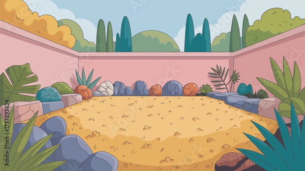 Obraz Cartoon illustration of a courtyard with pink walls and various plants and rocks surrounding the area