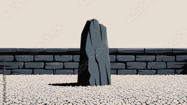 Obraz A zen garden with a tall stone standing in white pebbles and a dark brick wall in the background