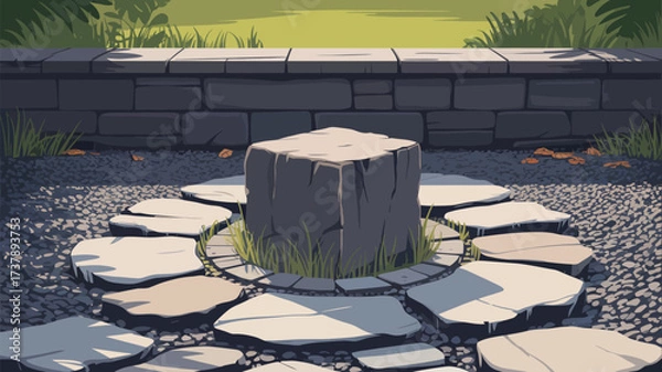 Obraz A stone block surrounded by circular stepping stones in a stylized garden setting with a stone wall back