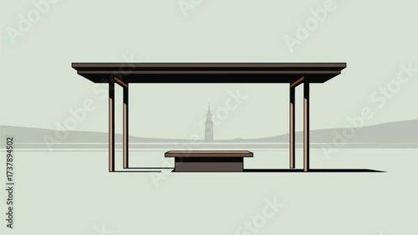 Obraz Stylized illustration of a bus stop with a bench and a distant tower in the background landscape