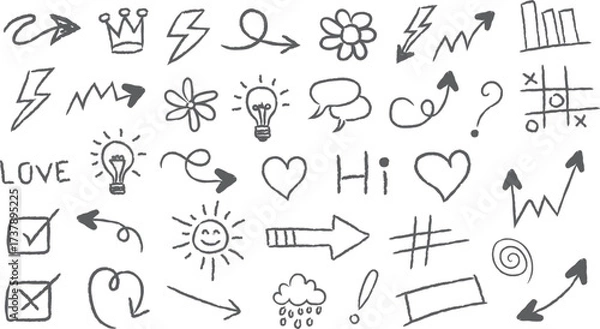 Fototapeta Hand drawn sketch doodle set. Hand drawn line heart, crown, star symbol highlight marker shape. Vector illustration. Hand drawn brush style doodle element set