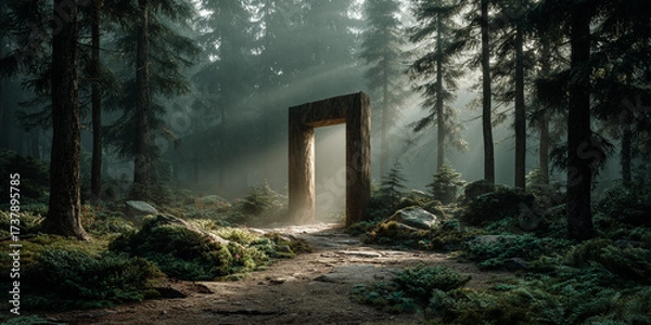 Fototapeta Mystical stone doorway stands in sunlit forest clearing with rays shining through tall trees