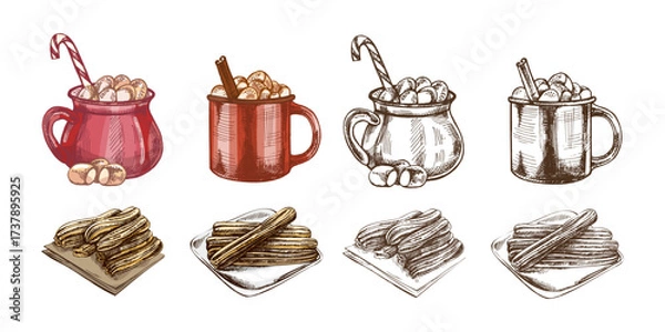Fototapeta Hand drawn vintage sketch of hot cocoa mugs with marshmallows and churros dessert set in color and monochrome