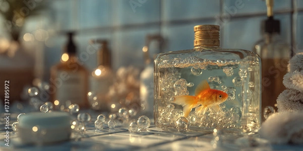 Fototapeta Goldfish in glass bottle with bubbles on bathroom counter with soap and towels