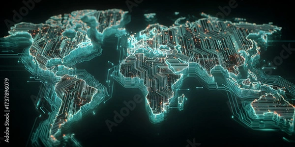 Obraz Futuristic digital world map glowing with circuit lines and technology elements