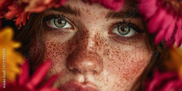 Fototapeta Hyper realistic close up portrait of young woman with freckles surrounded by colorful flowers