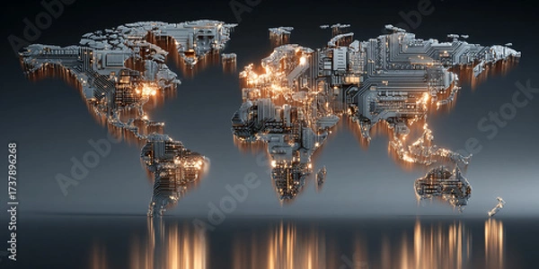 Fototapeta Glowing circuit board world map with digital technology and futuristic design concept
