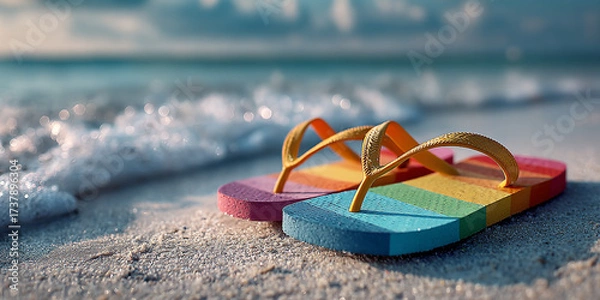 Fototapeta Colorful flip flop sandals with yellow straps on sandy beach near ocean waves
