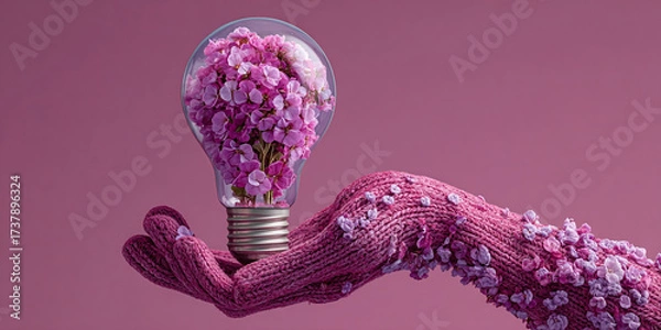 Fototapeta Knitted hand with flowers growing inside light bulb, symbolizing creativity and growth