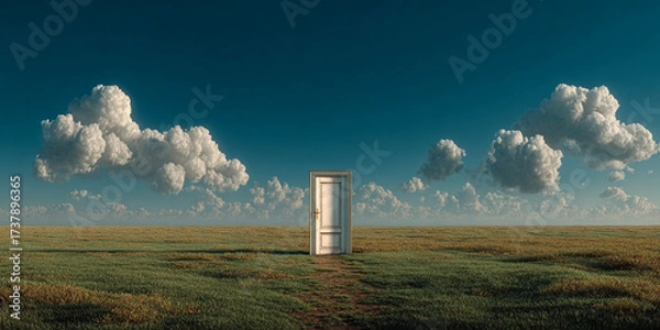 Fototapeta Surreal scene with white wooden door standing alone vast grassy field blue sky with clouds