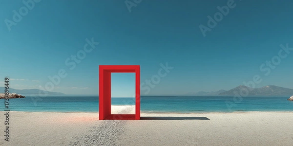 Fototapeta Red frame on sandy beach with calm sea and clear sky in peaceful landscape