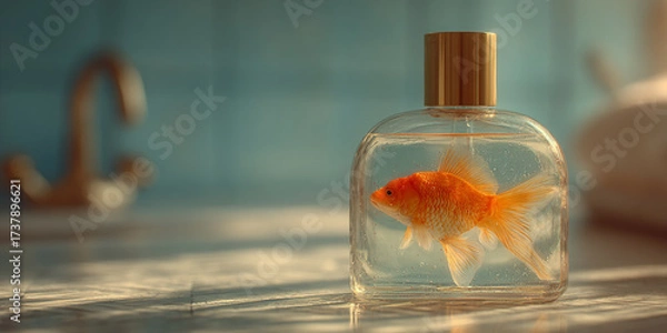 Fototapeta Goldfish swimming inside transparent bottle with golden cap on tiled surface